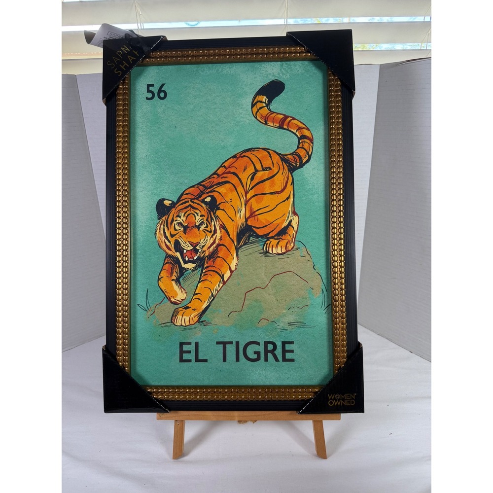 Sapna Shah El Tigre Loteria Framed Wall Art Teal Gold Black 12.5x18.5 56 Tiger